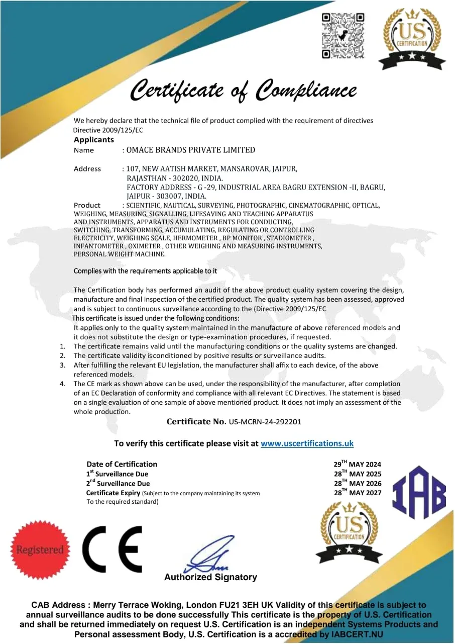 CE certificate of compliance of Omace Brands Private Limited