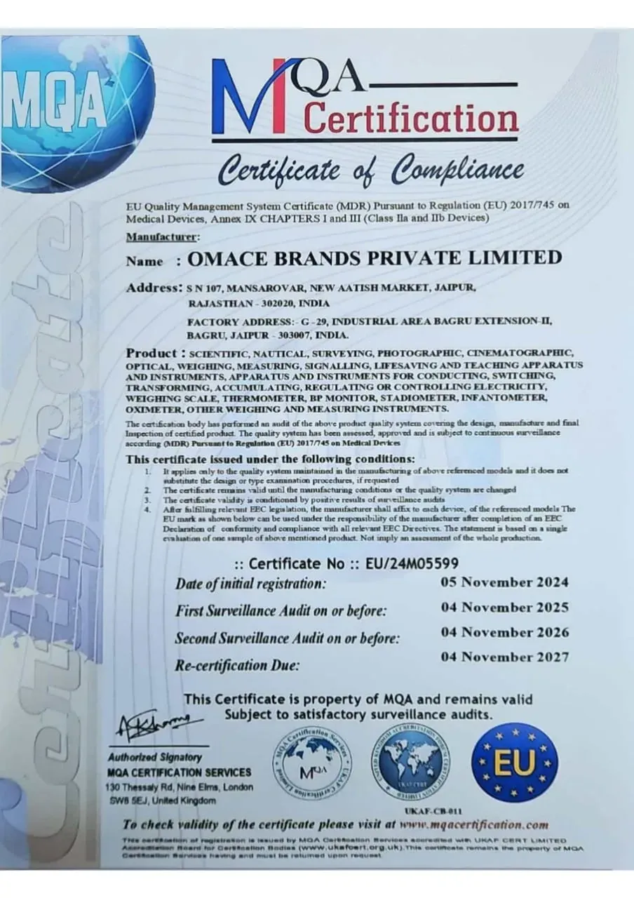 EU MDR quality management system certificate of Omace Brands Private Limited issued by MQA Certification