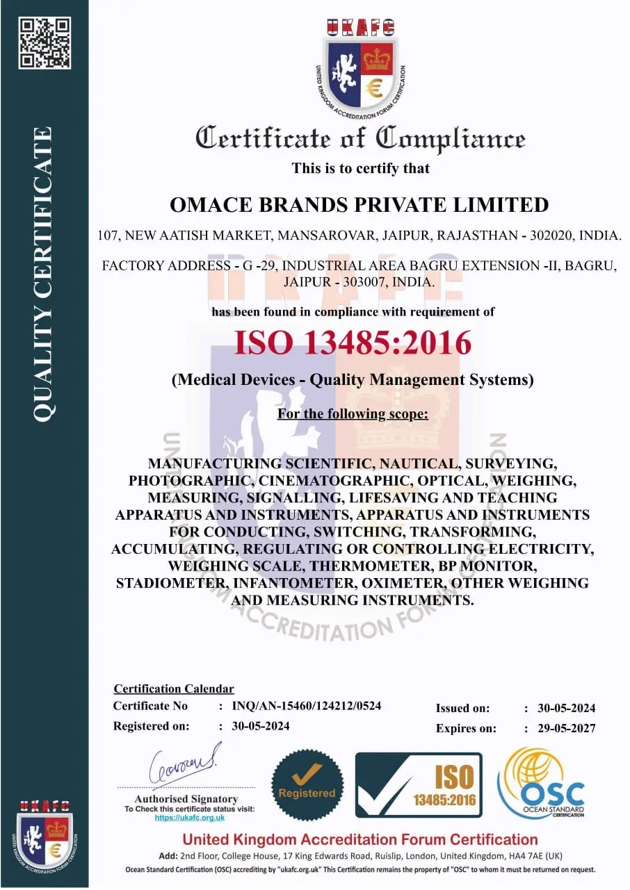 ISO 13485:2016 medical devices quality management certificate of Omace Brands Private Limited