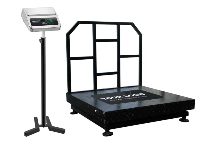Private label 1,000 kg platform weighing scale with a chequered mild steel platform, guard rail, YOUR LOGO sticker and the indicator on a separate stand