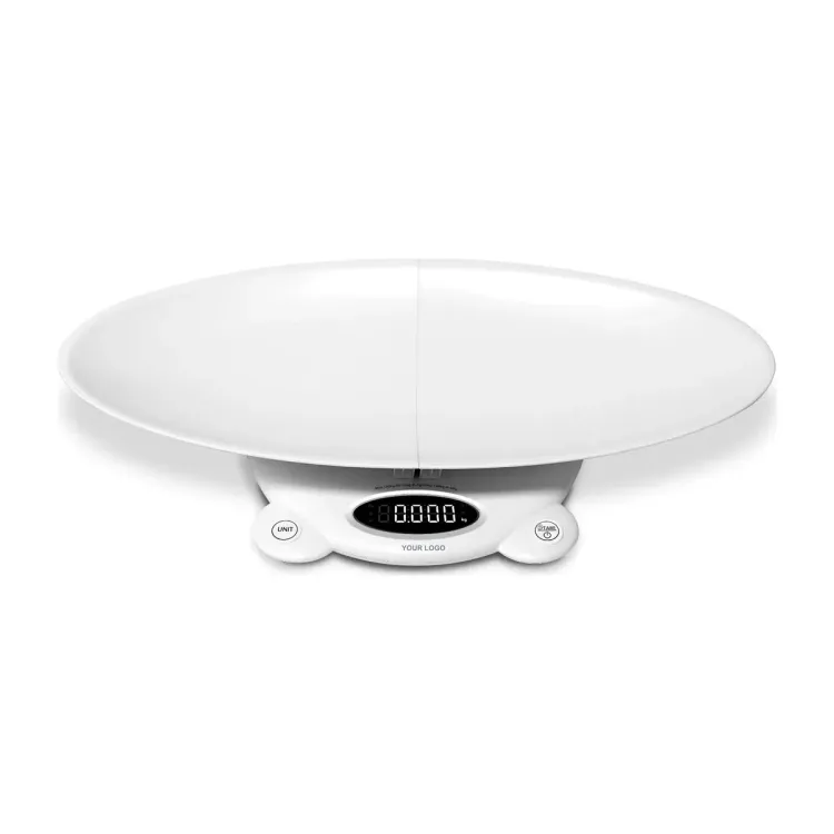 Private label Bluetooth baby scale OEM-812 with a removable curved tray and YOUR LOGO under the backlit display