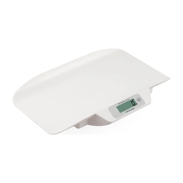 Private label infant weighing scale OEM-9090 with a curved safety tray and YOUR LOGO under the backlit display