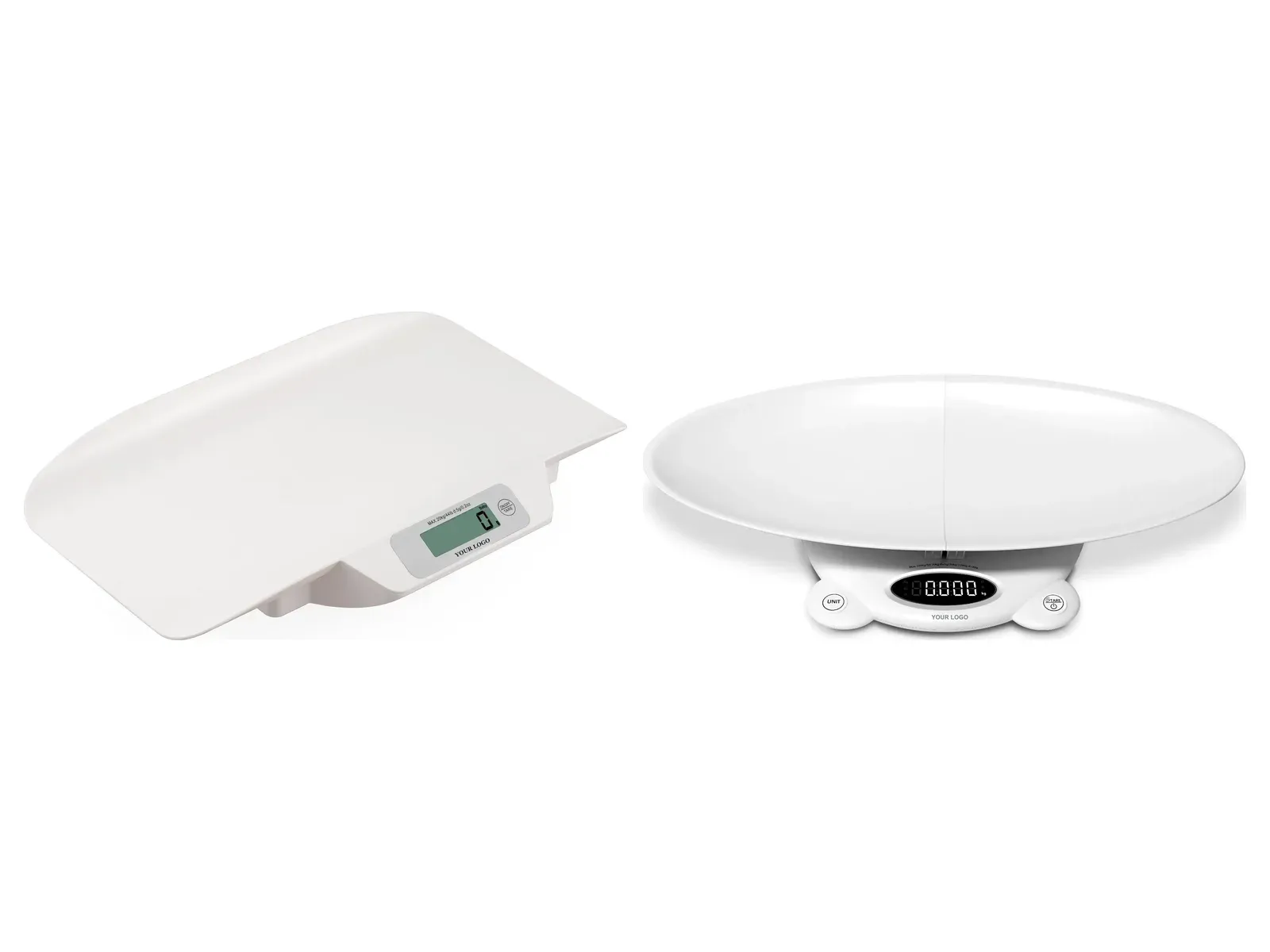 Two private label baby scales with YOUR LOGO under the display: an infant scale with a curved tray, and a Bluetooth baby scale with an oval tray on a base