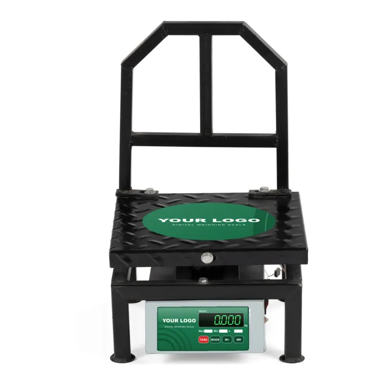 The same chicken weighing scale with a green display label and green platform sticker carrying YOUR LOGO
