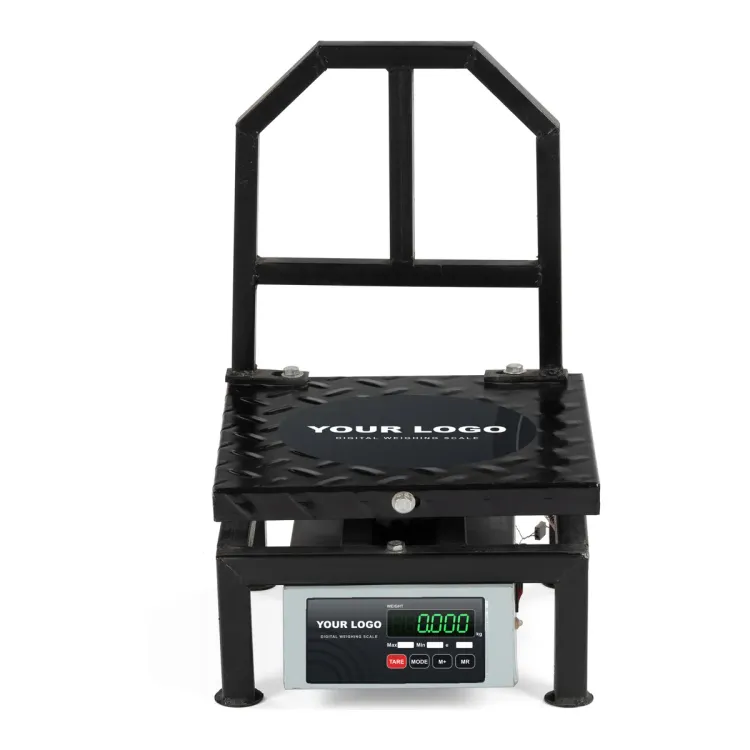 Private label chicken weighing scale with a chequered mild steel platform, guard rail, YOUR LOGO sticker on the platform and a graphite label on the display