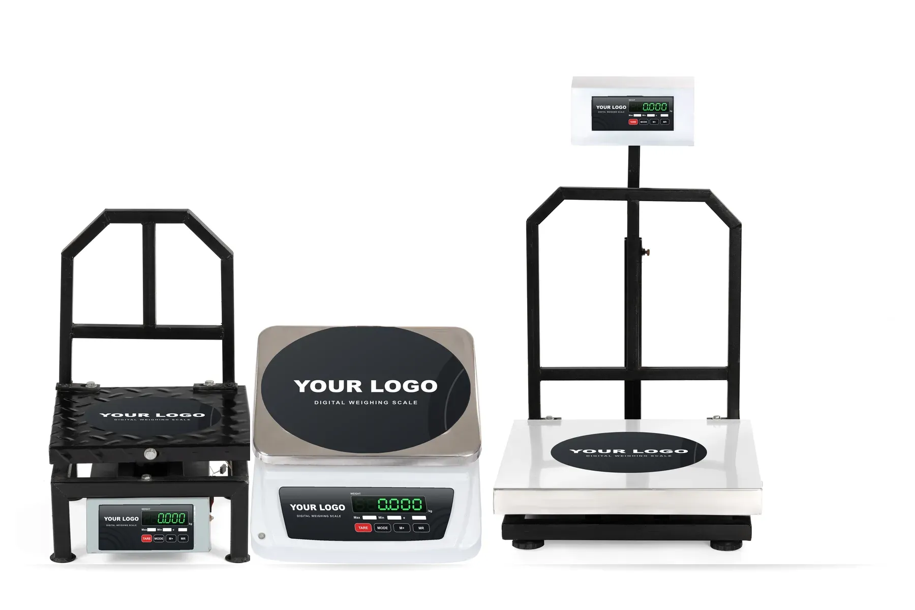 Three private label commercial weighing scales with YOUR LOGO on a graphite label and pan sticker: a chicken scale, a table-top shop scale and a platform scale