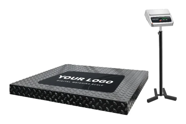 Private label four load cell platform scale, a low chequered mild steel floor platform with YOUR LOGO sticker and the indicator on a floor stand
