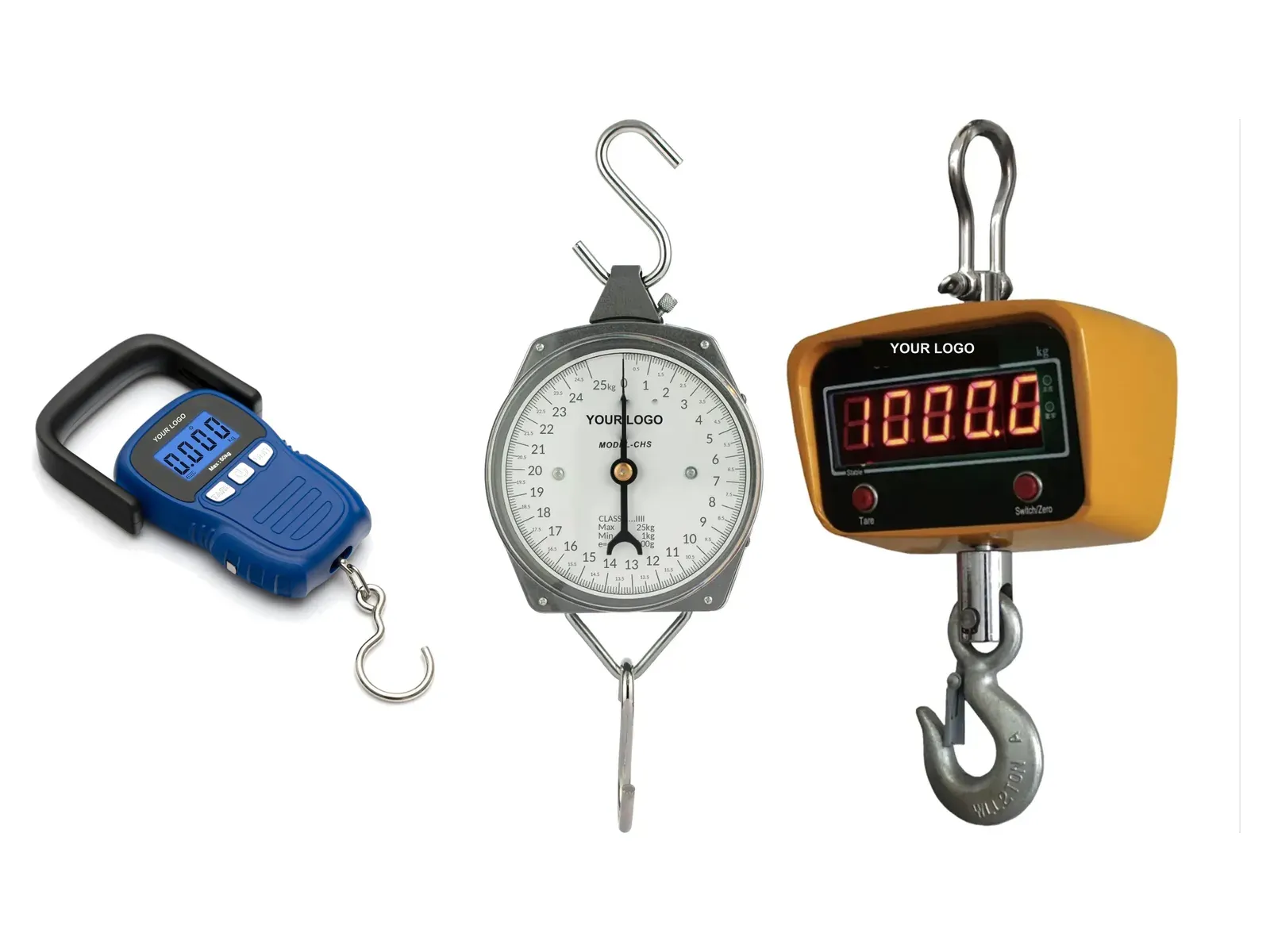 Three private label scales with YOUR LOGO: a blue luggage scale with a handle and hook, a mechanical hanging scale with a round dial, and a yellow OCS crane scale with red LED digits