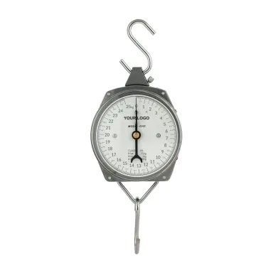Private label mechanical hanging scale with a round analog dial, YOUR LOGO in the centre of the dial (CHS dial scale, 25, 50, 100 or 200 kg)