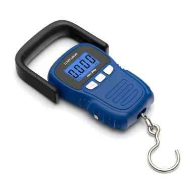 Private label luggage scale with a blue body, a handle and an S-hook, YOUR LOGO on the body (HO-L-18, 50 kg × 10 g)