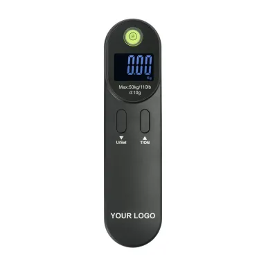 Private label slim black luggage scale with a backlit screen, YOUR LOGO at the bottom (HO-L-5, 50 kg × 10 g)