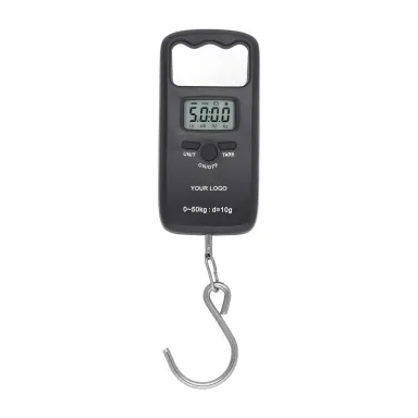 Private label portable hanging scale with an open handle and S-hook, YOUR LOGO on the front (HO-L-8, 50 kg × 10 g)