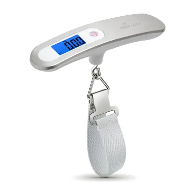 Private label stainless steel luggage scale with a T-shaped grip and strap, YOUR LOGO on the grip (HO-L-9, 50 kg × 10 g)