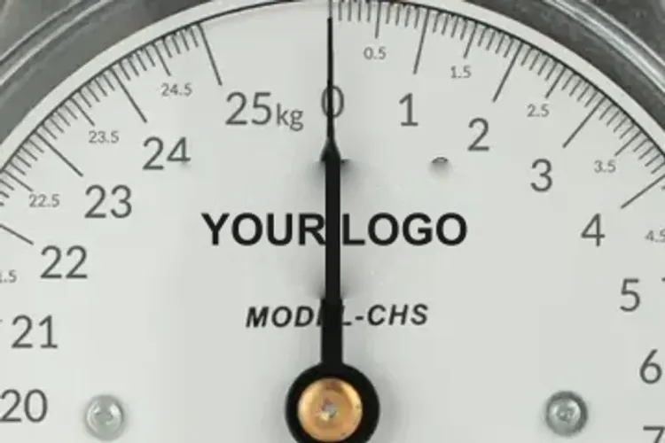 Close-up of a hanging scale dial with YOUR LOGO printed above the model name
