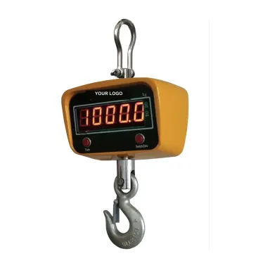 Private label OCS crane scale with a yellow die-cast body, red LED digits and YOUR LOGO above the display (OCS crane scale, 1 t to 50 t)