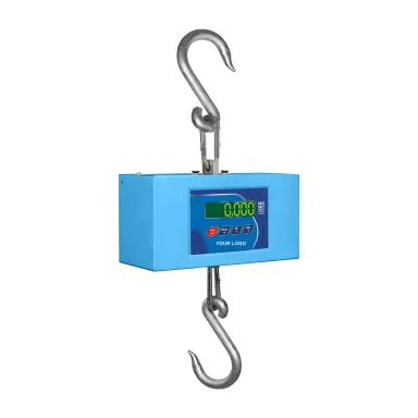 Private label digital crane scale with a blue metal body and S-hooks, YOUR LOGO on the panel (C-200 / C-300, 200 or 300 kg × 50 g)