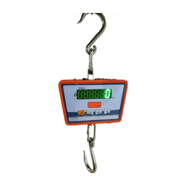 Private label 200 kg digital hanging scale with an orange body and steel S-hooks (M-200, 200 kg × 50 g)