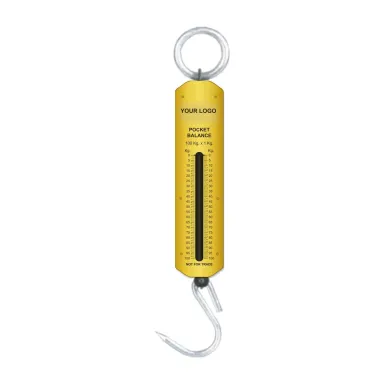 Private label heavy duty spring balance with a yellow plate, YOUR LOGO on the plate (PK spring balance, 100 kg × 1 kg or 150 kg × 2.5 kg)