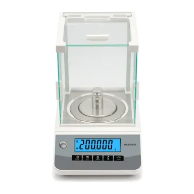 Private label lab weighing balance with sliding glass doors and a blue backlit display, YOUR LOGO in place of the brand (CY-2003, 200 g × 0.001 g)