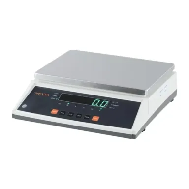 Private label silver weighing scale with a large rectangular steel pan, YOUR LOGO in place of the brand (JS-10 / 20 / 35, 10, 20 or 35 kg × 0.1 to 0.5 g)