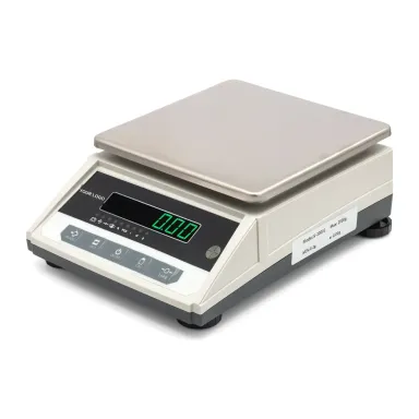 Private label precision weighing machine with a square steel pan and green LED displays, YOUR LOGO in place of the brand (JS-1000, 1000 g × 0.01 g)