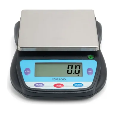 Private label small counter scale with a square steel pan and blue backlit LCD, YOUR LOGO in place of the brand (KB-6000 / KB-600, 6 kg × 0.1 g or 600 g × 0.01 g)