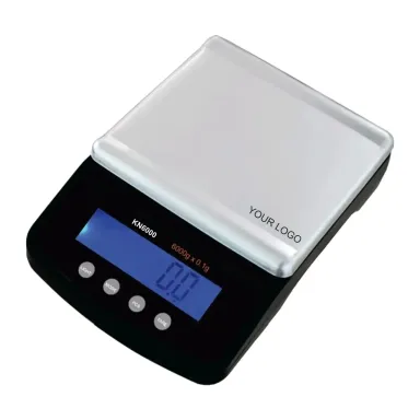 Private label 10 kg weighing scale with a square steel pan and black body, YOUR LOGO in place of the brand (KN-10 / KN-6, 10 kg × 0.5 g or 6 kg × 0.1 g)