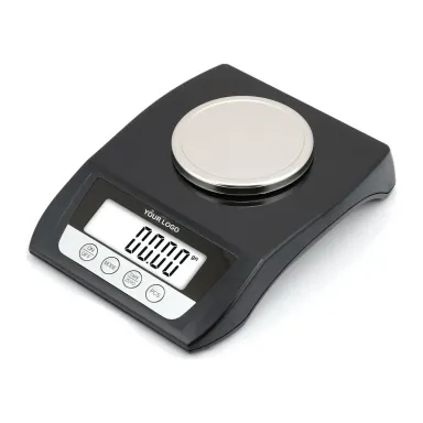 Private label compact digital jewellery scale with a black body and round steel pan, YOUR LOGO in place of the brand (KS-600, 600 g × 0.01 g)