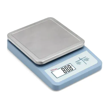 Private label rechargeable weighing scale with a light blue body and square steel pan, YOUR LOGO in place of the brand (KS-RE 3 / 6 / 10, 3, 6 or 10 kg × 0.1 to 0.5 g)