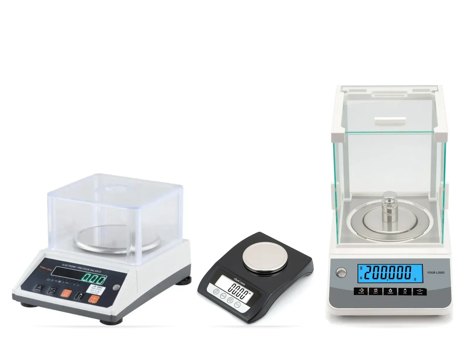 Three private label jewellery scales with YOUR LOGO in place of the brand: a gold scale with a clear cover, a compact black jewellery scale and a milligram lab balance with glass doors