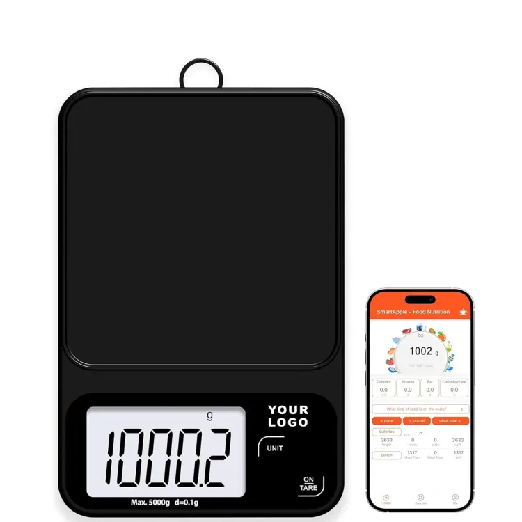 OEM-201 private label Bluetooth kitchen scale with YOUR LOGO beside the display and the nutrition app on a phone