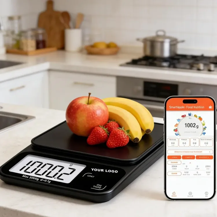 OEM-201 Bluetooth kitchen scale weighing an apple, bananas and strawberries, with the nutrition app showing the weight