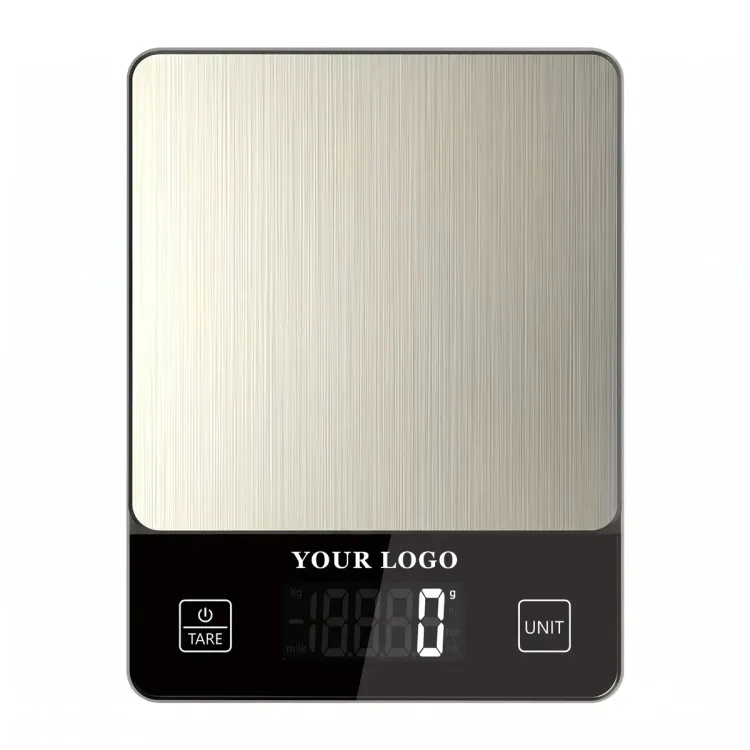 OEM-305 private label kitchen scale with YOUR LOGO printed on the black glass panel above the display