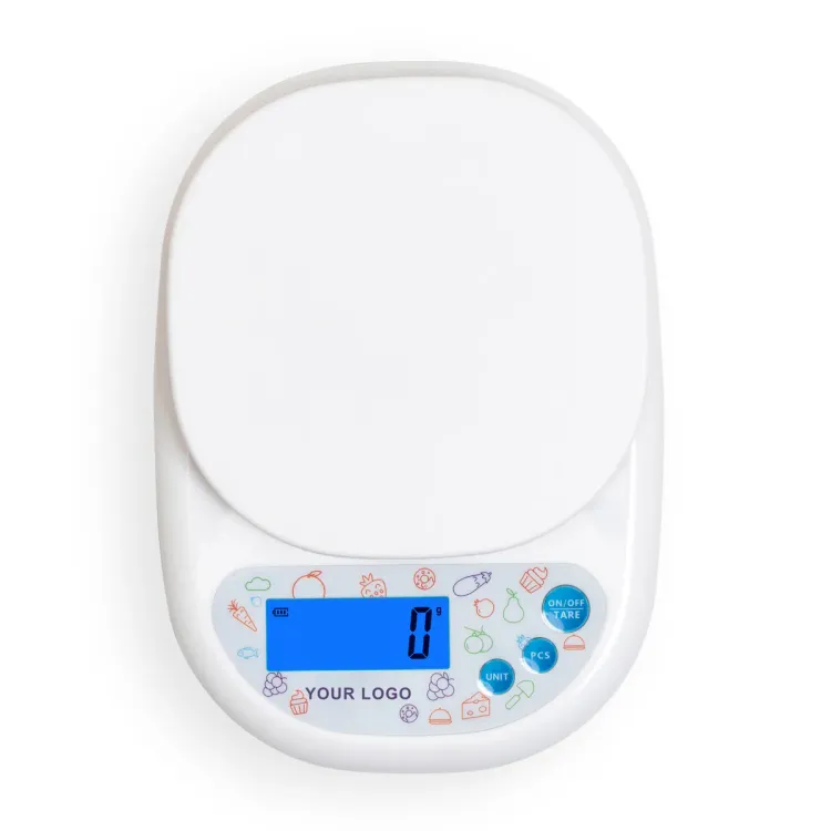 OEM-819 kitchen scale seen from above without its bowl, YOUR LOGO under the display and the PCS, UNIT and TARE keys