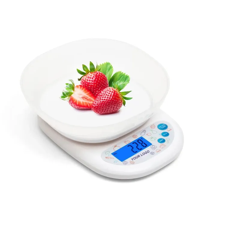 OEM-819 private label kitchen scale with bowl and strawberries, YOUR LOGO printed under the blue backlit display