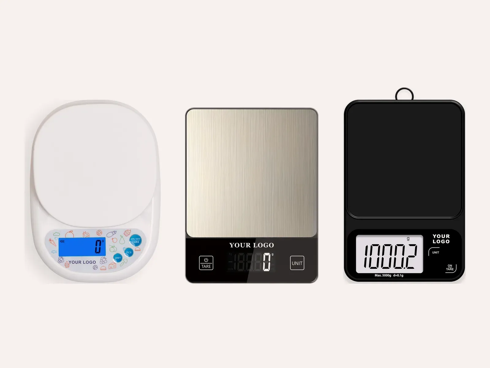 Three private label kitchen scales with YOUR LOGO printed on the panel: OEM-819 with bowl, OEM-305 stainless steel and OEM-201 Bluetooth