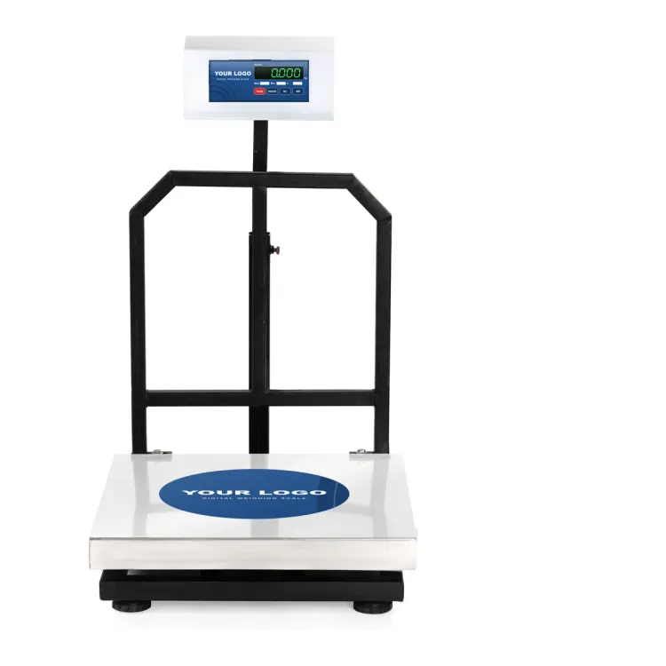 The same platform weighing scale with a blue indicator label and blue platform sticker carrying YOUR LOGO