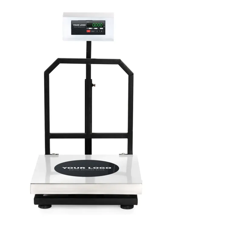 Private label platform weighing scale with a stainless steel platform, YOUR LOGO sticker and a graphite label on the indicator on its pole