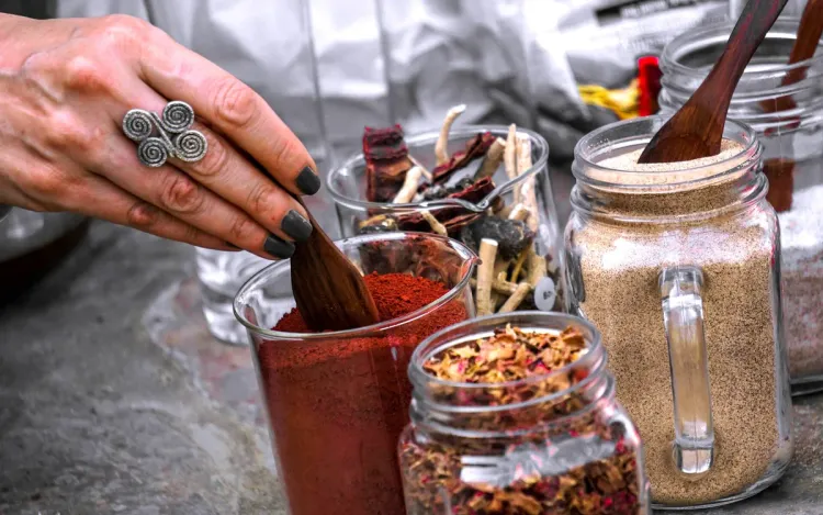 Private label pocket scales for ayurveda, herbal and pharmacy brands A hand scooping herbal powder beside jars of dried roots and petals, for ayurveda, herbal and pharmacy brands
