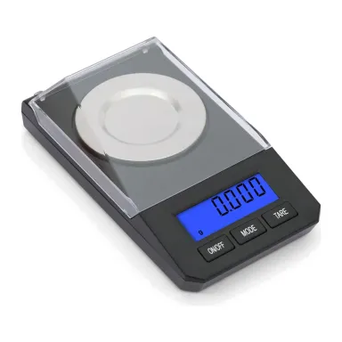 FN-50 private label pocket scale Private label milligram pocket scale with a clear windshield and blue backlit display (FN-50, 50 g × 0.001 g)