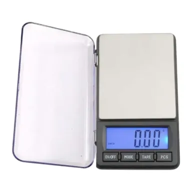JL-300 private label pocket scale Private label 0.01 gram pocket scale with a large steel pan and clear hinged lid (JL-300, 300 g × 0.01 g)