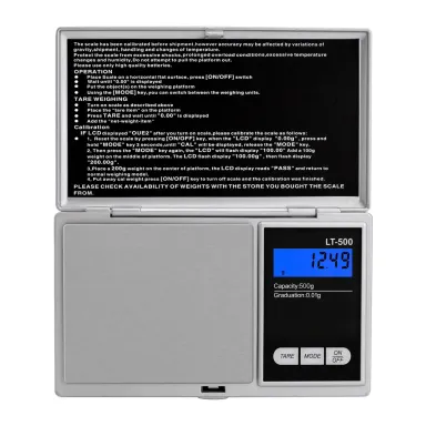 LT-500 private label pocket scale Private label digital pocket scale with a flip cover and blue backlit LCD (LT-500, 500 g × 0.01 g)