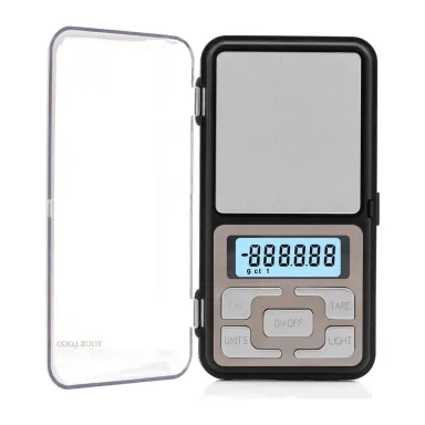 MH-300 / MH-200 private label pocket scale Private label phone-size pocket scale with a clear flip lid, YOUR LOGO in place of the brand (MH-300 / MH-200, 300 g or 200 g × 0.01 g)