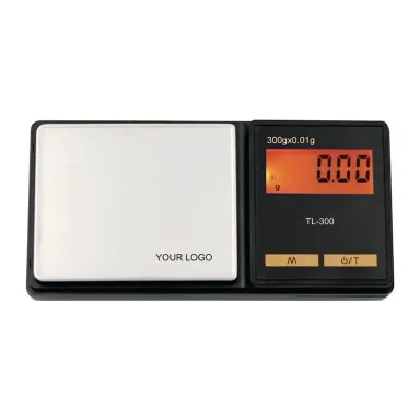 TL-300 private label pocket scale Private label small digital scale with an orange backlit display, YOUR LOGO on the pan (TL-300, 300 g × 0.01 g)