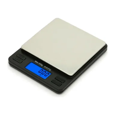 TP-500 private label pocket scale Private label gram weighing machine with a large steel pan and blue backlit display (TP-500, 500 g × 0.01 g)