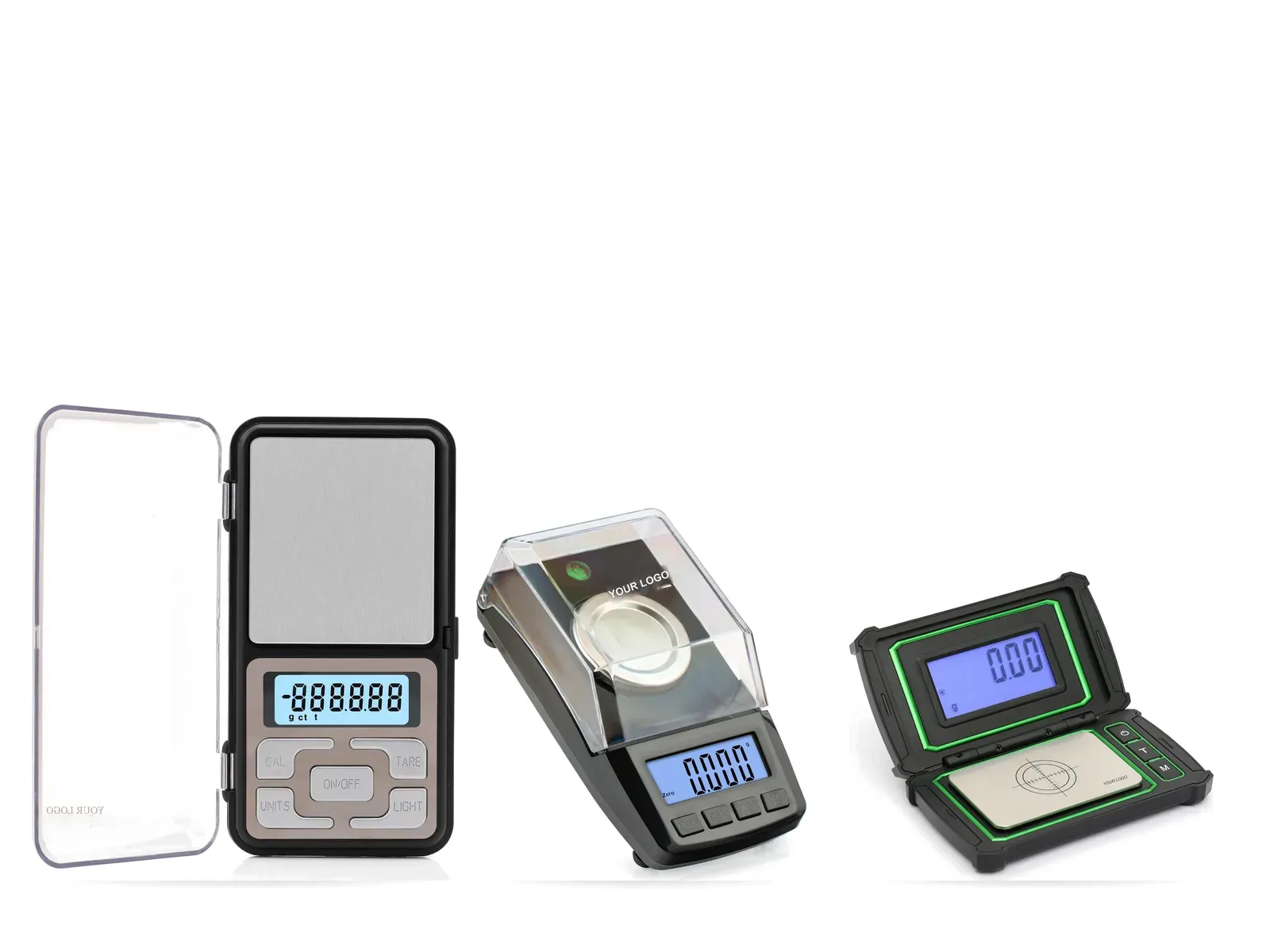 Three private label pocket scales: a phone-size scale with a clear flip lid, a milligram diamond scale with YOUR LOGO on the windshield, and a scale with its display in the lid