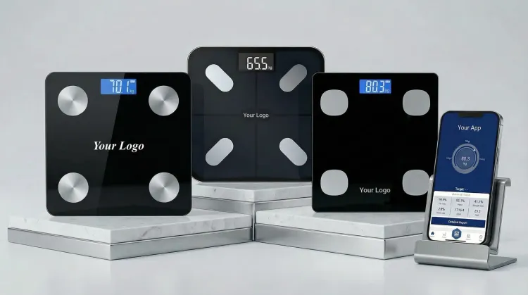Lite series private label smart scales in the R, X and O designs with YOUR LOGO on the glass and the app on a phone