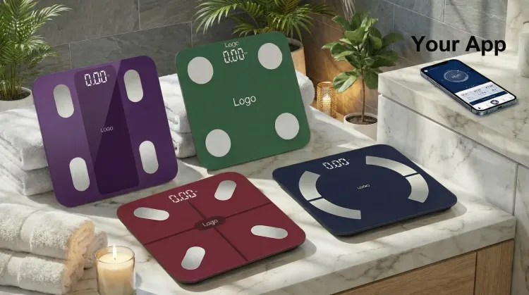 Pro+ series smart scales in purple, green, maroon and navy glass with Logo printed on each