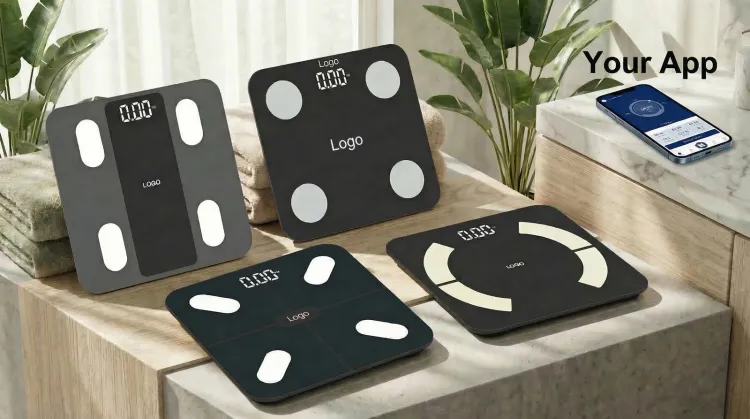 Pro+ series private label body fat scales with LED displays in the I, R, X and C electrode designs, YOUR LOGO on the glass