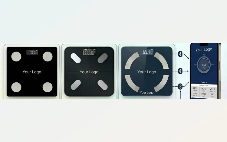 Pro series private label body fat scales with round, cross and circle electrodes, YOUR LOGO on the glass and YOUR APP on a phone